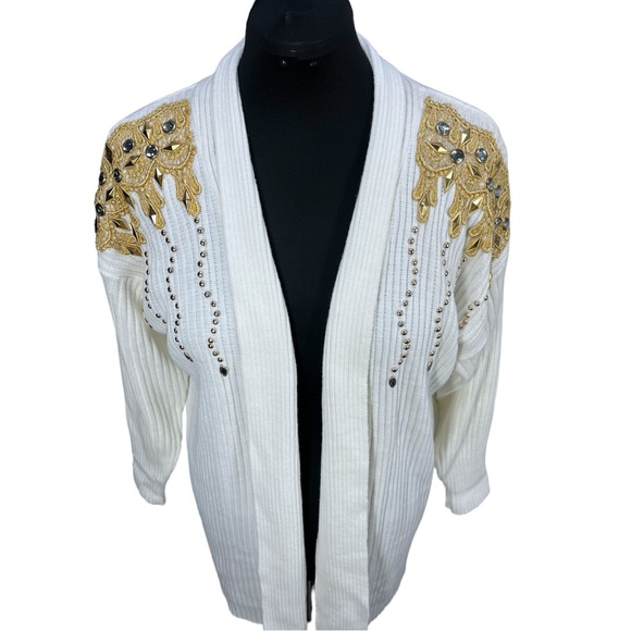 VTG 90's Liebe USA Cream/Ivory Mid Length Cardigan w/ Gold Lace & Gems One Size - Picture 3 of 8
